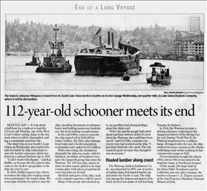 A newspaper clipping shows a large wooden boat on a lake flanked by motor boats above the headline one hundred and twelve year old schooner meets its end. 